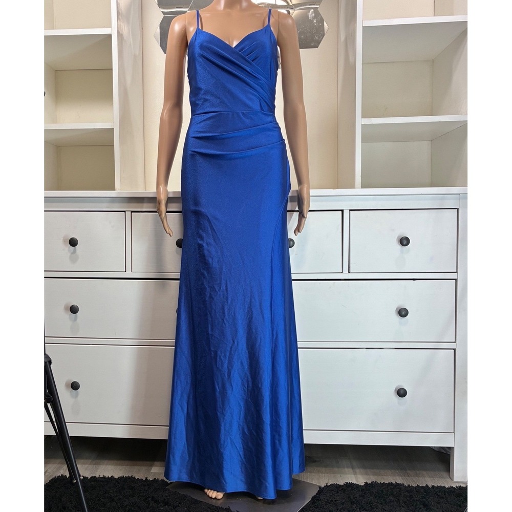 Royal Blue Satin Ruched Gown Spaghetti Straps High Slit Formal Dress